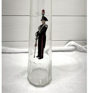 Bolaro Glass Decanter Italy Clear Tall Soldier Graphic FacetedBase Excellent Vtg